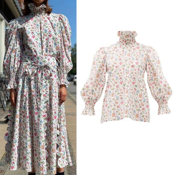 Horror Vacui Collia Smocked High Neck Blouse in White Floral XS - Picture 1 of 6